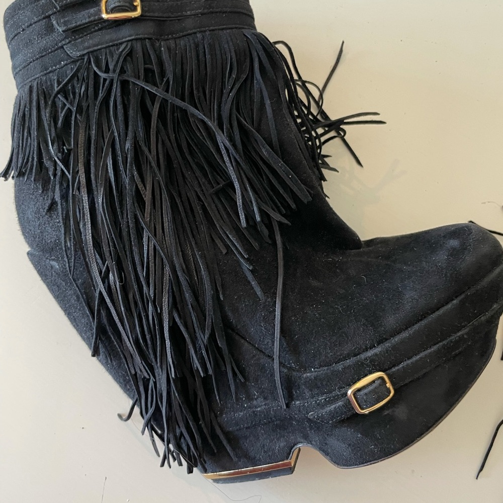 Nicholas Kirkwood Aubergine Fringe Platform Wedge Ankle Bootie - Picture 8 of 9